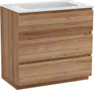 Balmani Lucida freistehendes Möbelstück Set: 90 x 55 cm, Teak, mit Tablo Strada Einzelwaschtisch, Marmorkomposit Weiß glänzend