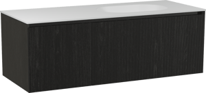 Balmani Fila zwevend badmeubel 135 x 55 cm zwart eiken met Tablo Oval asymmetrisch rechtse wastafel in solid surface mat wit, Verticale symmetrische rechte ribbel