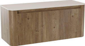 Storke Soft zwevend badkamermeubel 120 x 46 cm ruwe eik met Tavola Soft enkele of dubbele tablet in solid surface beige granita
