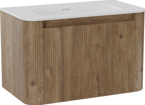 Storke Soft meuble salle de bains suspendu 80 x 46 cm chêne brut avec Mata Soft plan simple en Solid Surface blanc mat, Nervure droite symétrique verticale