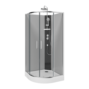 Linie Salta kwartronde douchecabine met schuifdeuren 90 x 90 cm helder glas chroom profiel met kraan