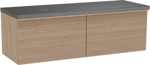 Balmani Forma hängendes Möbelstück Set: 150 x 55 cm, Naturbelassene Eiche, mit Rock Doppel Waschtischplatte, Granit, Schwarzes Granit, Horizontale symmetrische gerade Rippe