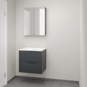 Linie Ribbo zwevend badkamermeubel 60 x 46 cm blauw antraciet met Vano enkele wastafel in composietmarmer mat wit, Verticale symmetrische ronde ribbel en Montro spiegelkast