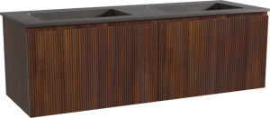 Storke Ribs zwevend badmeubel 150 x 52 cm notenhout met Scuro dubbele wastafel in kwarts mat zwart, Verticale symmetrische rechte ribbel