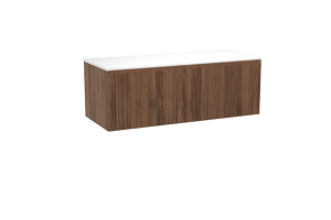 Balmani Fila zwevend badkamermeubel 135 x 55 cm notelaar met Stretto enkel of dubbel tablet in solid surface mat wit, Verticale symmetrische rechte ribbel