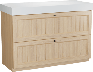 Balmani Lemon freistehendes Möbelstück Set: 135 x 55 cm, Naturbelassene Eiche Furnier, mit Dominus Einzel- oder Doppel Waschtischplatte, Weiß matt