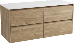 Storke Seda meuble salle de bains suspendu 130 x 52 cm chêne brut avec Tavola tablette simple ou double en solid surface blanc mat