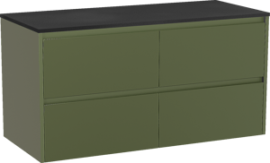 Storke Seda zwevend badmeubel 120 x 52 cm olijfgroen met Panton enkel of dubbel wastafelblad in gepoedercoate mdf mat zwart