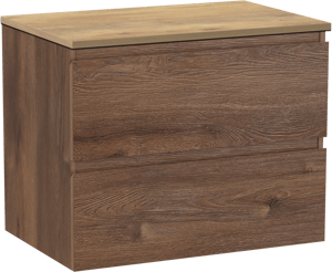 Linie Lado hängendes Möbelstück Set: 70 x 46 cm, Braune Eiche, mit Lado Einzel Waschtischplatte, Melamin Naturbelassene Eiche