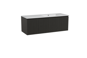 Storke Ribs zwevend badkamermeubel 140 x 52 cm zwarte eik met Diva asymmetrisch rechtse wastafel in composietmarmer glanzend wit, Verticale asymmetrische rechte ribbel