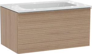 Balmani Forma hängendes Möbelstück Set: 90 x 55 cm, Naturbelassene Eiche, mit Tablo Strada Einzelwaschtisch, Marmorkomposit, Weiß glänzend, Horizontale symmetrische gerade Rippe