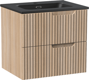 Linie Ribbo meuble salle de bains suspendu 60 x 46 cm chêne clair avec Baro plan simple en porcelaine noir mat, Nervure circulaire symétrique verticale
