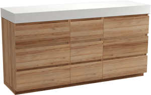Balmani Lucida freistehendes Möbelstück Set: 180 x 55 cm, Teak, mit Dominus Einzel- oder Doppel Waschtischplatte, Solid Surface Weiß matt