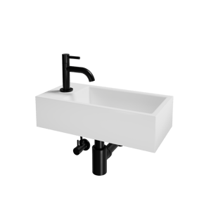 Luca Varess Cubic Handwaschbecken Set, Keramik weiß glänzend, 40,5 x 20 cm, Links, inklusive Schwarz Wasserhahn und Zubehör