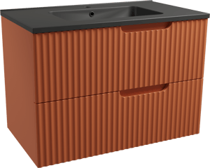 Linie Ribbo zwevend badkamermeubel 80 x 46 cm cotto met Vano enkele wastafel in composietmarmer mat zwart, Verticale symmetrische ronde ribbel