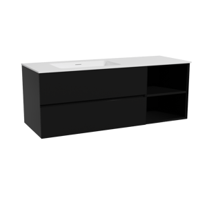 Storke Edge meuble salle de bains suspendu 140 x 52 cm noir mat avec Mata plan vasque asymétrique à gauche en solid surface blanc mat