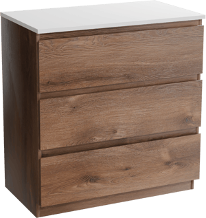 Linie Lado freistehendes Möbelstück Set: 80 x 46 cm, Braune Eiche, mit Lado Einzel Waschtischplatte, Marmorkomposit Weiß matt