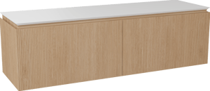 Balmani Eclips zwevend badmeubel 180 x 55 cm Natuur eiken met Eclips enkel of dubbel wastafelblad in Solid Surface mat wit, Verticale symmetrische rechte ribbel