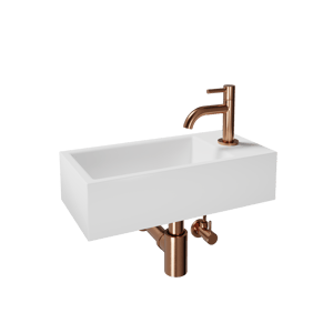 Luca Varess Cubic Handwaschbecken Set, Keramik weiß glänzend, 40,5 x 20 cm, Rechts, inklusive Rosegold Wasserhahn und Zubehör