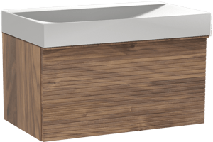 Balmani Forma hängendes Möbelstück Set: 90 x 55 cm, Amerikanischer Nussbaum, mit Wave Einzelwaschtisch, Solid Surface, Weiß matt, Horizontale symmetrische gerade Rippe