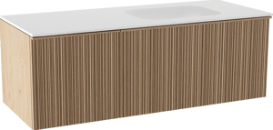 Balmani Forma meuble salle de bains suspendu 135 x 55 cm chêne naturel avec Tablo Arcato vasque asymétrique droite en solid surface blanc mat, Nervure circulaire asymétrique verticale