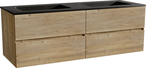 Storke Edge hängendes Möbelstück Set: 150 x 52 cm, Rohe Eiche, mit Scuro Doppelwaschtisch, Quarz Schwarz matt