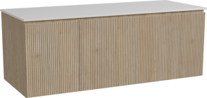Storke Ribs meuble salle de bains suspendu 130 x 52 cm chêne brut avec Tavola tablette simple ou double en solid surface blanc mat, Nervure droite symétrique verticale