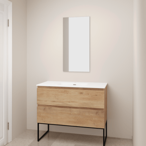 Linie Lado freistehendes Möbelstück Set: 100 x 46 cm, Naturbelassene Eiche, mit Baro Einzelwaschtisch, Porzellan Weiß glänzend mit Lado dekorativer Rahmen und Soto Badspiegel
