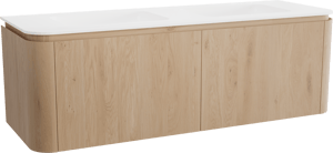 Balmani Moon zwevend badmeubel 160 x 55 cm naturel eiken met Moon dubbele wastafel in solid surface mat wit