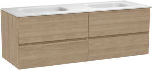 Balmani Mitra hängendes Möbelstück Set: 150 x 55 cm, Naturbelassene Eiche, mit Tablo Arcato Doppelwaschtisch, Solid Surface Weiß matt