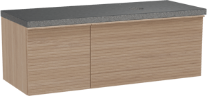 Balmani Forma hängendes Möbelstück Set: 135 x 55 cm, Naturbelassene Eiche, mit Rock Waschtisch rechts, Granit, Schwarzes Granit, Horizontale symmetrische gerade Rippe