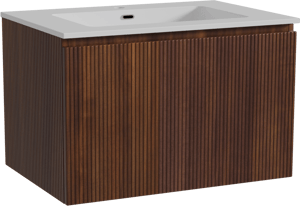 Storke Ribs zwevend badmeubel 75 x 52 cm notenhout met Diva enkele wastafel in composietmarmer hoogglans wit, Verticale symmetrische rechte ribbel