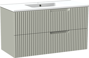 Linie Ribbo zwevend badkamermeubel 100 x 46 cm greige met Vano enkele wastafel in composietmarmer mat wit, Verticale symmetrische ronde ribbel