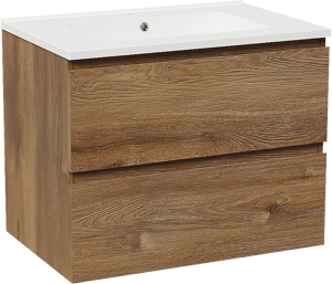 Linie Lado hängendes Möbelstück Set: 70 x 46 cm, Braune Eiche, mit Vano Einzelwaschtisch, Marmorkomposit Weiß glänzend