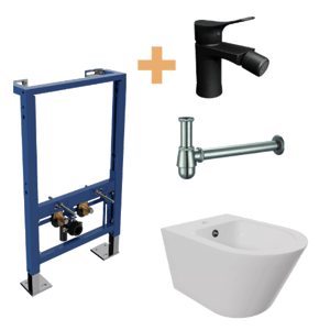 Luca Varess Calibro hangend bidet en Verna bidet inbouwelement met Blaufoss Lima bidetkraan mat zwart en afvoer