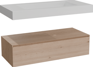 Balmani Mitra Elements zwevend badkamermeubel 120 x 55 cm natuur eik met Modus enkele wastafel voor 2 kraangaten in solid surface mat wit