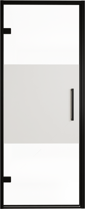 Balmani Senses Design porte pivotante à gauche 90 cm x 210 cm verre transparent avec bande matte, Profil noir, coating inclus