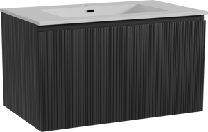 Storke Ribs zwevend badkamermeubel 85 x 52 cm zwarte eik met Diva enkele wastafel in composietmarmer glanzend wit, Verticale asymmetrische rechte ribbel