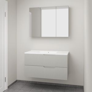 Linie Ribbo hängendes Möbelstück Set: 100 x 46 cm, Greige, mit Vano Einzelwaschtisch, Marmorkomposit, Weiß matt, Vertikale symmetrische runde Rippe und Montro Spiegelschrank
