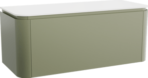 Balmani Moon zwevend badmeubel 130 x 55 cm saliegroen met Moon enkel of dubbel wastafelblad in solid surface mat wit met 2 Zone waskommen en 2 Giro badkamerkasten