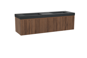 Balmani Fila hängendes Möbelstück Set: 180 x 55 cm, Nussbaum, mit Napoli Doppelwaschtisch, Granit, Schwarzes Granit, Vertikale symmetrische gerade Rippe