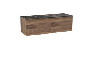 Balmani Forma hängendes Möbelstück Set: 150 x 55 cm, Amerikanischer Nussbaum, mit Stretto Einzel- oder Doppel Waschtischplatte, Marmor, Portoro Gold, Horizontale symmetrische gerade Rippe