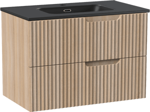 Linie Ribbo meuble salle de bains suspendu 80 x 46 cm chêne clair avec Baro plan simple en porcelaine noir mat, Nervure circulaire symétrique verticale