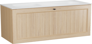 Balmani Lemon zwevend badkamermeubel 135 x 55 cm, fineer natuur eik met Tablo Arcato dubbele wastafel in mat wit