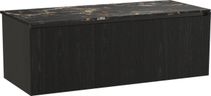 Balmani Fila zwevend badmeubel 135 x 55 cm zwart eiken met Stretto enkel of dubbel wastafelblad in marmer portoro gold, Verticale symmetrische rechte ribbel