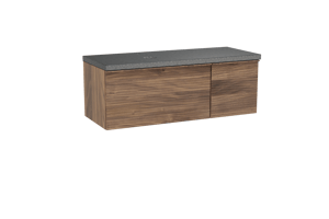 Balmani Forma zwevend badmeubel 135 x 55 cm amerikaans notenhout met Rock asymmetrisch linkse wastafel in zwart graniet, Horizontale symmetrische rechte ribbel