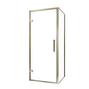 Balmani Senses Design douchehoek met linkse draaideur en vaste zijwand, 90 x 90 cm, Helder glas, Brushed Champagne Gold profielen, met coating