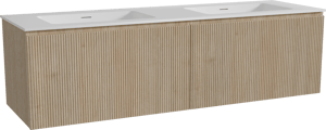 Storke Ribs meuble salle de bains suspendu 170 x 52 cm chêne brut avec Mata double vasque en solid surface blanc mat, Nervure droite symétrique verticale