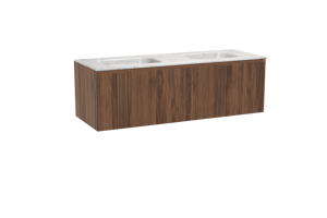 Balmani Fila hängendes Möbelstück Set: 150 x 55 cm, Nussbaum, mit Tablo Arcato Doppelwaschtisch, Marmor, Carrara, Vertikale symmetrische gerade Rippe