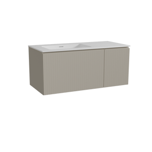 Storke Ribs meuble salle de bains suspendu 110 x 52 cm soie grise avec Mata plan vasque asymétrique à gauche en solid surface blanc mat, Nervure droite symétrique verticale